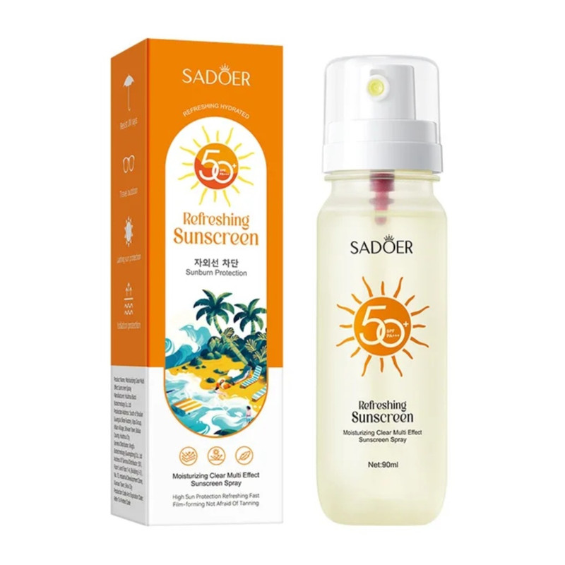 اسپری ضد آفتاب بدون رنگ صورت و بدن سادور SPF 50 مدل Refreshing محافظ UVA ، UVB و +++PA مناسب برای انواع پوست حجم 90 میلی لیتر